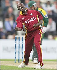 Wavell Hinds removes Moin Khan for a second-ball duck