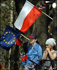Polish children with EU and national flags in Porajov