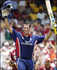 Marcus Trescothick celebrates his century against the West Indies 
