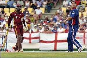 West Indian batsman Chris Gayle hits the ball for 6 runs