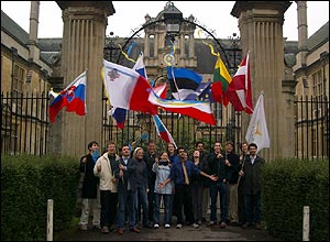 Students singing the European anthem in Oxford