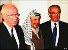 L-R, Rabin, Arafat and Peres