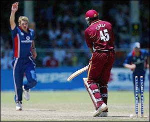 James Anderson bowls West Indies opener Chris Gayle