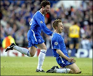 Jesper Gronkjaer celebrates scoring Chelsea's opener