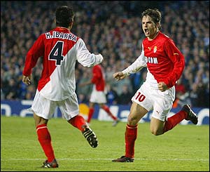 Monaco's Hugo Ibarra is congratulated by Fernando Morientes