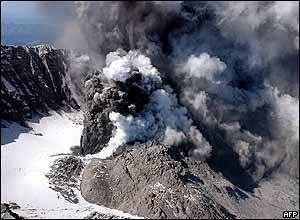 Photo released by the US Geological Survey (USGS) shows smoke and ash rising from the crater of Mount St Helens, 1 October 2004