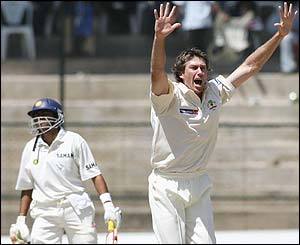 Glenn McGrath traps Akash Chopra lbw