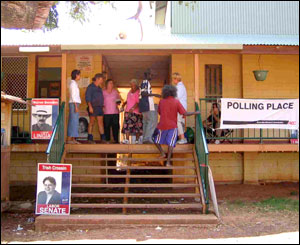 Outside the polling station in Minjilang (picture sent in by Chris Ballinger, a Senate Research Fellow)