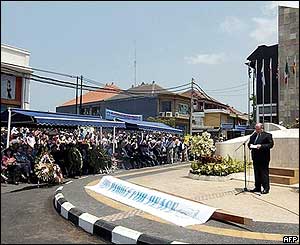 Australian Ambassador David Ritchie delivers his speech during a memorial service at the bomb blast site in Kuta