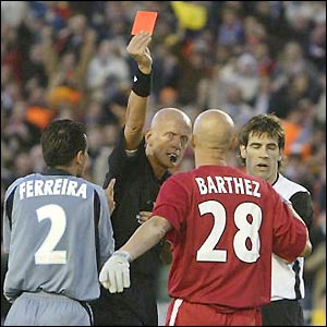 Fabien Barthez is sent off by referee Pierluigi Collina and Marseille are reduced to 10 men