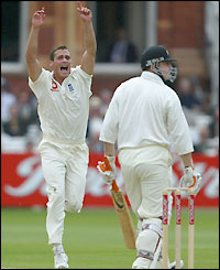 Simon Jones sees Scott Styris edge to Geraint Jones to get his second wicket shortly after the demise of Astle