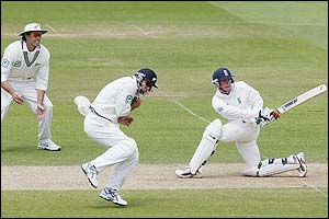 England wicketkeeper Geraint Jones plays a sweepshot