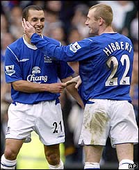 Arsenal's Leon Osman is congratulated by Tony Hibbert