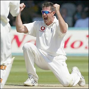 Ashley Giles celebrates after claiming another wicket