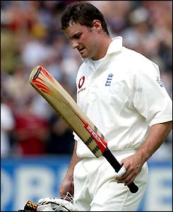 Andrew Strauss looks disappointed after being run out