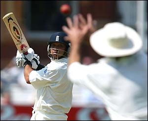Mark Butcher edges the ball to the hands of Stephen Fleming