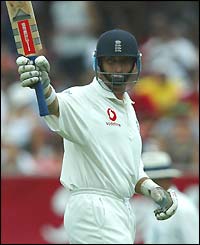 Nasser Hussain acknowledges the crowd after reaching 50 in the first Test in the West Indies in March 2004