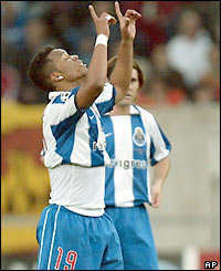 Carlos Alberto celebrates after scoring his first Champions League goal in the 38th minute 