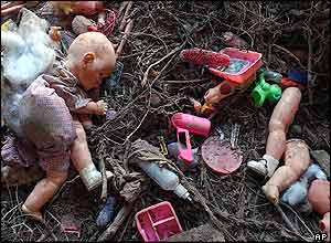 Children's dolls after the floods in Jimani, Dominican Republic