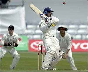 England batsman Graham Thorpe plays a hook shot