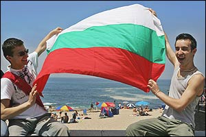 Two Bulgarian fans enjoy the Portuguese sunshine