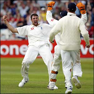 Steve Harmison celebrates the wicket of Scott Styris
