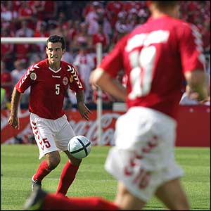 Niclas Jensen's effort is blocked