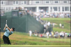 Ernie Els makes his approach to the 16th