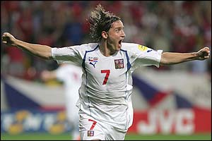 Vladimir Smicer celebrates scoring the winner for the Czech Republic