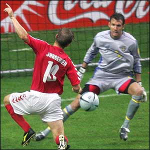Denmark's Martin Jorgensen with Sweden goalkeeper Andreas Isaksson