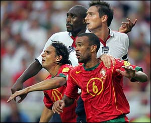 England's Sol Campbell and Frank Lampard (top) pressure Nuno Gomes and Costinha 