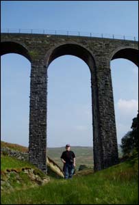 Sean Monaghan's dad standing under the Cwm Prysor viaduct near Trawsfynydd