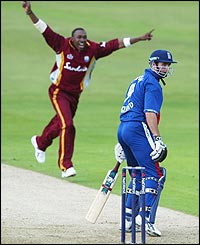 England captain Michael Vaughan is caught by Chris Gayle off the bowling of Dwayne Bravo