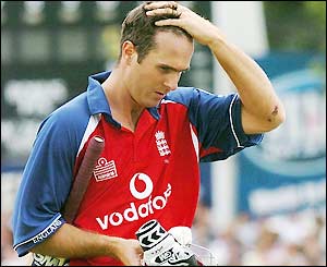 Michael Vaughan bows his head after another ineffectual performance with the bat
