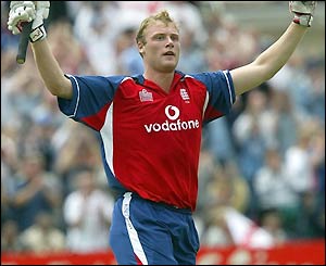 Flintoff is bowled by Ian Butler for 106 shortly before the innings closes