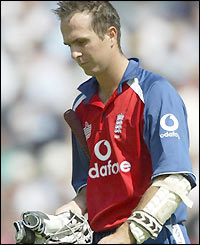 Michael Vaughan becomes Tino Best's second wicket as England slump to 27-2