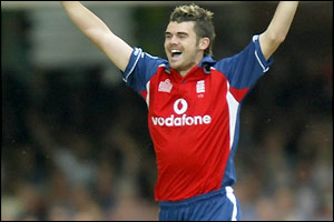 James Anderson celebrates Brian Lara's wicket
