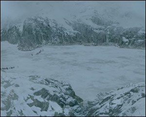 The snow is made more icy and the green fields are replaced by snow-filled crags.