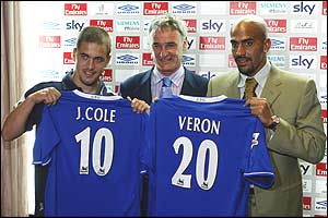 Joe Cole, Claudio Ranieri and Juan Sebastian Veron