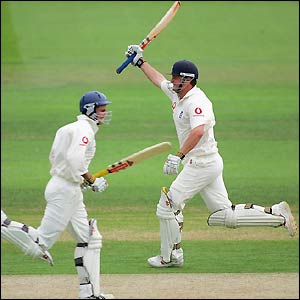 Robert Key passes Andrew Strauss on his way to completing his first Test century