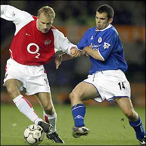 Callum Davidson attempts to tackle Arsenal's Dennis Bergkamp