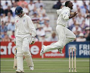The West Indies celebrate as Trescothick loses his wicket