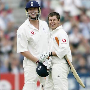 Andrew Flintoff and Geraint Jones savour a huge six