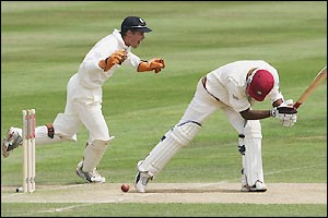 Geraint Jones celebrates as Dwayne Bravo is bowled by Ashley Giles