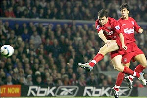 John Arne Riise breaks the deadlock in the 52nd minute