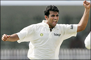 Zaheer Khan celebrates his breakthrough as he dismisses Australia's first two batsmen
