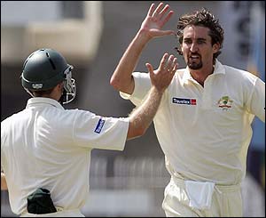 Jason Gillespie celebrates removing Akash Chopra