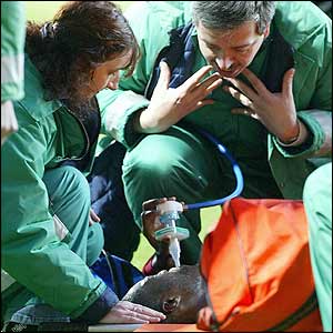 Djibril Cisse receives treatment after suffering a suspected broken leg