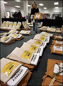 Secret ballot packs await distribution in Des Moines, Iowa