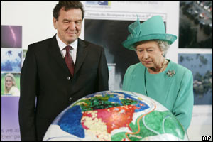 The Queen and Gerhard Schroeder discuss climate change at the German chancellor's Berlin offices 